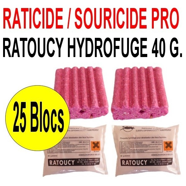 Raticides hydrofuge 25 blocs de 40 grs